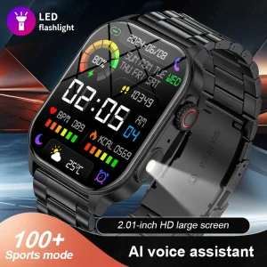 LIGE New Smart Watch, LED Flashlight, 2.01'' Screen, Health Monitor, Bluetooth Call, Waterproof Smartwatch Men