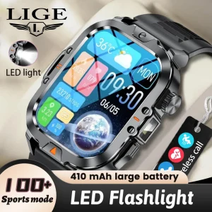 LIGE 2.01-inch HD Screen Men Smart Watch With Flashlight Outdoor Sports Watch IP68 Waterproof, Health Monitor